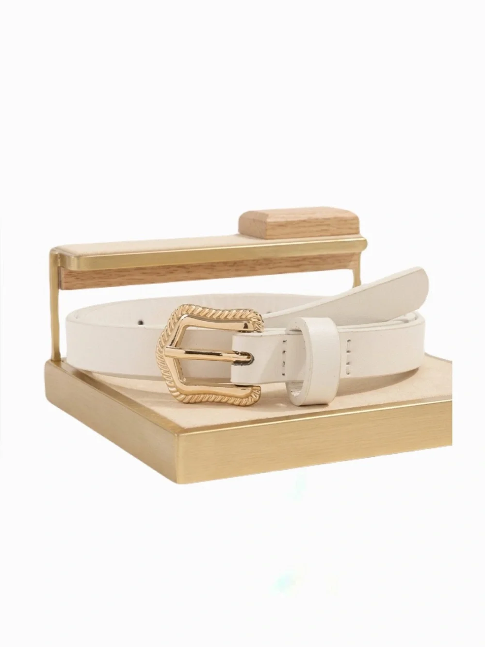 New White Faux Leather Everyday Wear Belt With Gold Tone Engraved Buckle